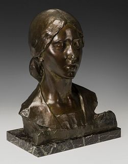 JOSEP LLIMONA BRUGUERA (Barcelona, 1864 - 1934). 
"Modesty". 
Bronze sculpture on a marble base. 
Signed.
