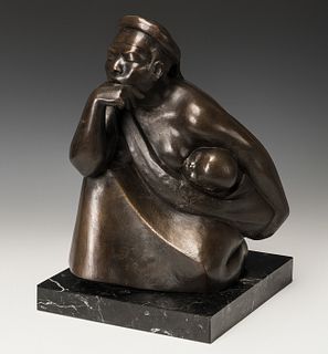 JOSEP CAÑAS I CAÑAS (Banyeres del Penedés, Tarragona, 1905 - El Vendrell, Tarragona, 2001). 
"Female figure with child in her arms." 
Bronze sculpture