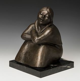 JOSEP CAÑAS I CAÑAS (Banyeres del Penedés, Tarragona, 1905 - El Vendrell, Tarragona, 2001). 
"Young man sitting." 
Bronze sculpture on a wooden base. 