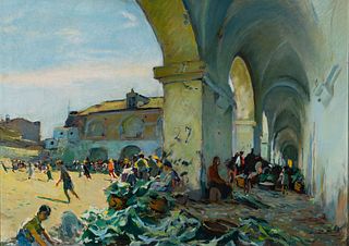JOAQUIM MIR TRINXET (Barcelona, 1873 - 1940). 
"Plaça del mercat de Vilanova". 
Oil on canvas. 
Relined. New frame. 
Signed in the lower right corner 