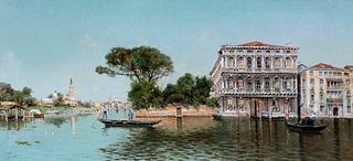 ANTONIO REYNA MANESCAU (Coín, Málaga, 1859 - Rome, 1937). 
"Venetian view with the Ca'Rezzonico palace". 
Oil on canvas. 
Signed in the lower left cor