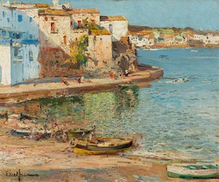 ELISEO MEIFRÈN ROIG (Barcelona, 1859 - 1940). 
"Cadaqués". 
Oil on cardboard. 
Signed in the lower left corner. 
Attached certificate issued by Mr. Ma