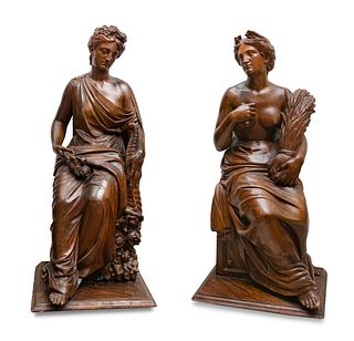 European school, 19th century. 
"Fortuna" and "Ceres". 
Pair of carvings in solid walnut wood.