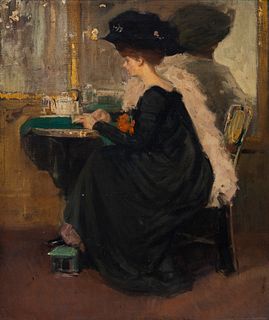 French school, ca. 1900. 
"Lady inside the cafe." 
Oil on canvas.