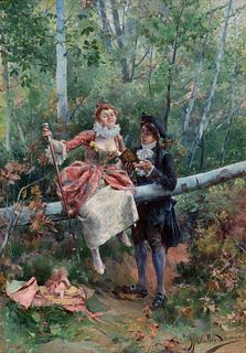 JOSE MIRALLES DARMANIN (Vall d'Uxo, Castellón, 1850 - 1900). 
"Reading in the forest." 
Oil on canvas.