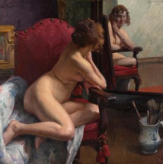 JOSÉ RAMÓN ZARAGOZA (Cangas de Onis, Asturias, 1874 - Alpedrete, Madrid, 1947). 
"Female nude in front of the mirror." 
Oil on canvas. 
Signed in the 