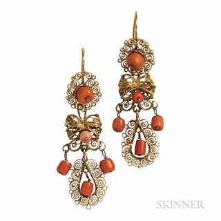 Antique Gold Filigree and Coral Earrings