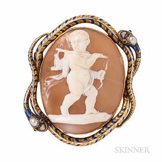 Antique Gold, Enamel, and Shell Cameo Brooch