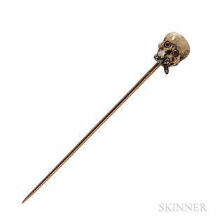 Grotesque Gold and Enamel Stickpin of a Skeleton Head Smoking a Cigar