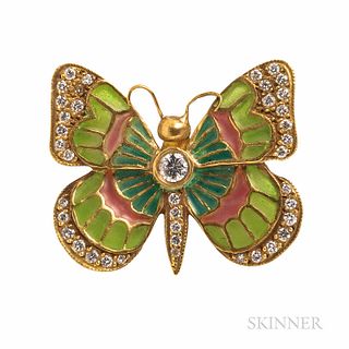 18kt Gold, Plique-a-jour Enamel, and Diamond Butterfly Brooch