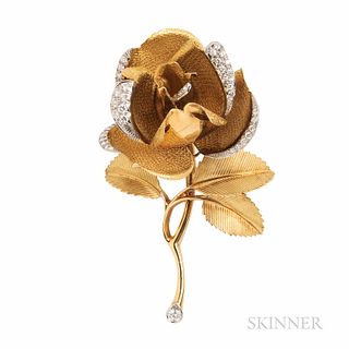 18kt Gold and Diamond Rose Brooch