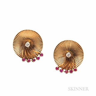 Retro 14kt Gold, Ruby, and Diamond Earrings