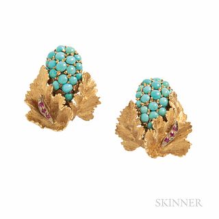 18kt Gold, Turquoise, and Ruby Earclips