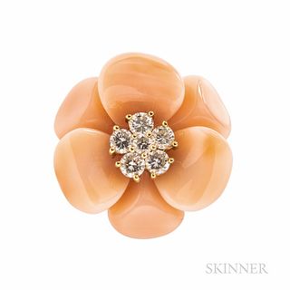 18kt Gold, Coral, and Diamond Flower Ring