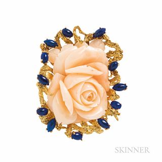 18kt Gold, Coral, and Lapis Brooch/Pendant