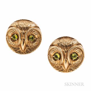 14kt Gold and Peridot Owl Earclips