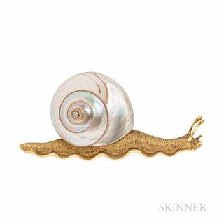 18kt Gold, Shell, and Diamond Snail Brooch