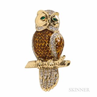 14kt Gold, Enamel, and Diamond Owl Brooch