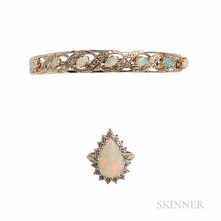 14kt White Gold, Opal, and Diamond Bracelet and Ring