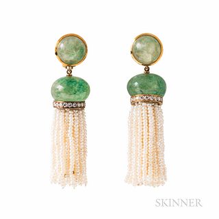 18kt Gold, Cultured Pearl, and Diamond Tassel Earrings