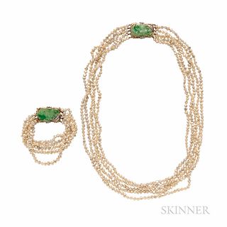 14kt Gold, Jade, Diamond, and Freshwater Pearl Necklace and Bracelet