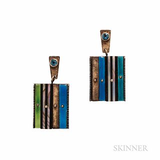 Earl Pardon Sterling Silver and 14kt Gold and Enamel Earrings