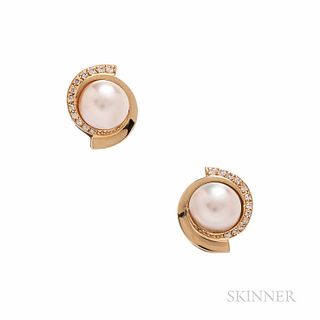 14kt Gold, Mabe Pearl, and Diamond Earrings
