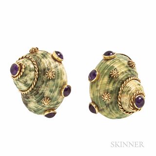 18kt Gold, Shell, and Amethyst Earclips