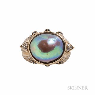 18kt Gold, Gray Baroque Pearl, Sapphire, and Diamond Ring