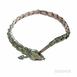 Margot de Taxco Sterling Silver and Enamel Snake Necklace