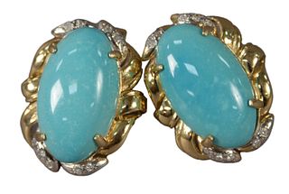 Pair of 14 Karat and Turquoise Earrings, with small diamonds, height 1 inch, total weight 15.1 grams.