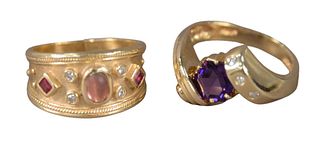 Two 14 Karat Gold Rings, to include amethyst with small diamonds, sizes 7 1/2 and 8 1/4, 14.2 grams.