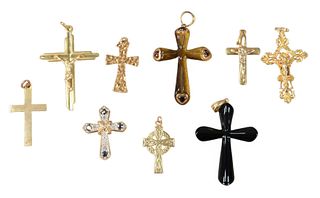 Nine Various Crosses, to include six 14 Karat gold; along with 2 stone with gold mounts, 16.3 weighable grams.