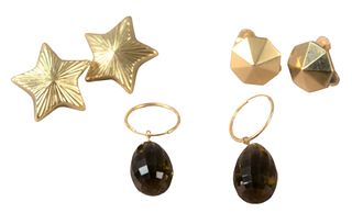 Three Pairs of Earrings, to include two 14 karat with stars, along with pair of brown glass with gold, 6.8 grams.