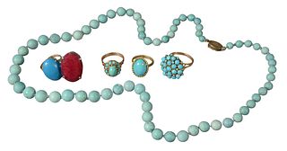 Six Piece Lot, to include four turquoise gold rings; one turquoise bead necklace, marked 18 karat; along with a sterling silver ring.