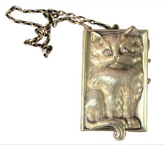 Kuppenheim Silver Cat Purse, having red eyes, interior with compartments, (mirror backing scratched), 2" x 3 1/2".