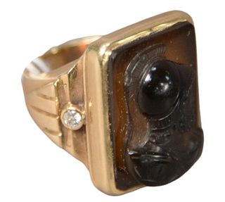 14 Karat Gold Cameo and Diamond Ring, size 6 3/4, 18.9 grams.