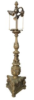 Bronze Baroque Style Table Lamp, having three lights and three putti figures mounted to the base, possibly Caldwell, overall height 35 inches.