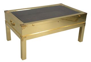 Brass Vitrine Coffee Table, having lift top and bevel glass, height 18 inches, top 40" x 23".