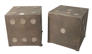 Pair of Steel Dice Form Brutalist End Tables, height 12 1/2 inches, width 12 1/4 inches, depth 12 inches.