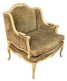 Louis XV Style Bergere, in old velvet upholstery, height 39 1/2 inches, width 31 inches, (worn).