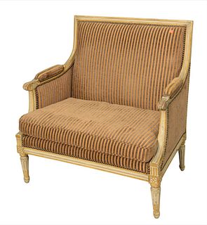 Louis XVI Style Settee, having painted frame with gilt highlights and custom upholstery, height 34 inches, width 35 inches.