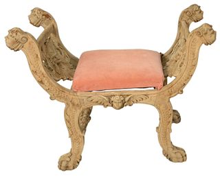 Venetian Carved Window Bench, having faces and claw feet, height 28 inches, seat height 20 inches, width 36 inches.