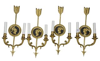 Set of Four Gilt Bronze Wall Sconces, each having two lights, body having an arrow form and each having an inset black panel of Zeus, height 19 1/4 in