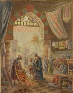 Orientalist School (late 19th century), Persian Rug Market, watercolor on paper laid on board, initialed several times: F.G., sheet size 10 1/4" x 7 3