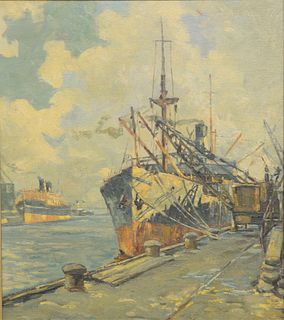Robert D. Pasquoll (British, active 1904 - 1926), Loading a Liner, oil on board, signed lower left "R.D. Pasquoll," 17 1/2" x 15 1/4".