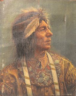American School (19th century), early portrait of a Native American, oil on canvas, unsigned, 20" x 16", (as is with several tears to the canvas).