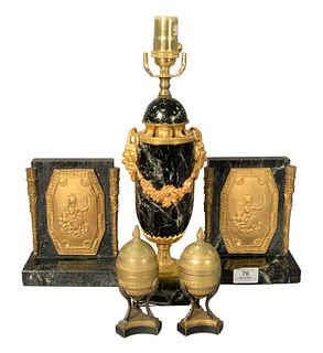 Five Piece Group, to include a pair of green marble and brass mounted bookends; pair of brass and bronze egg form lighters; along with a green marble 