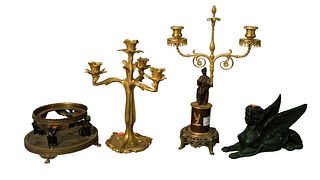 Group of Four French Items, to include two gilt bronze candleholders, one having four arms, the other having two arms; an brass empire base; along wit