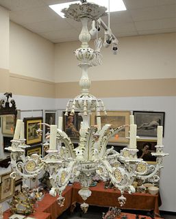 Porcelain Eight Light Chandelier, having eight arms with flower and leaf decoration, height 48 inches, diameter, 38 inches. 